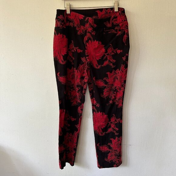 Chicos Pull On Pants Womens 4 Petite Red Floral Elastic Waist Ankle Pants Pocket - Picture 1 of 6